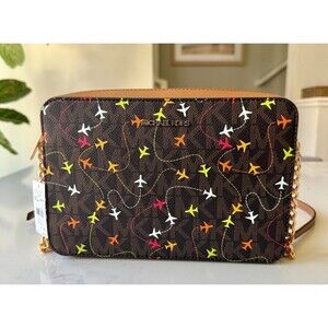 NWT Michael Kors Jet Set Travel Brown Airplane Print Crossbody Bag East West